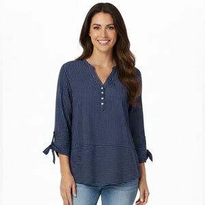 Liz Claiborne Women's Top Tunic Nautical Stripe Blue & White 100% Cotton Size XL
